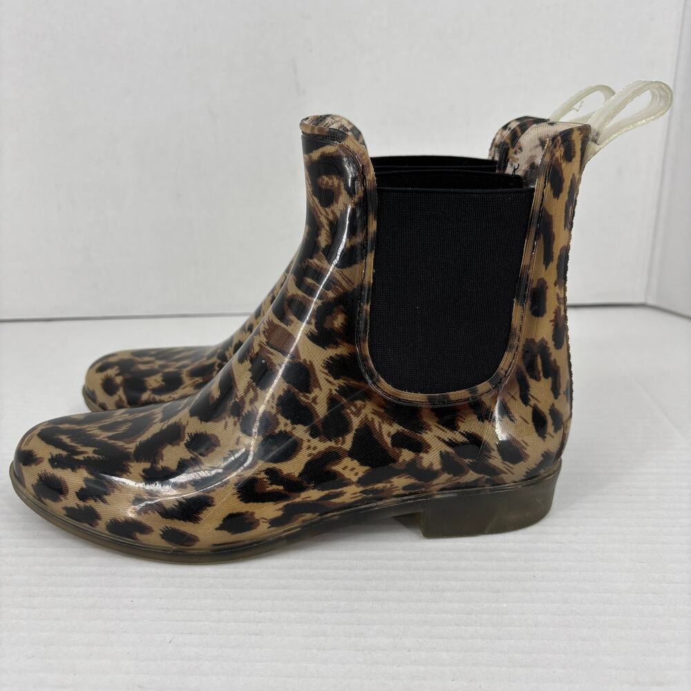 J Crew Rain Boots Size 8 Leopard Print Pull On Rubber Chelsea Waterproof Bootie - Picture 5 of 8